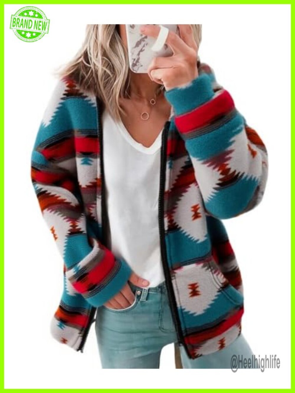 Western Aztec Print Sherpa Fleece Zip Up Hoodie Pocket Relaxed Fit